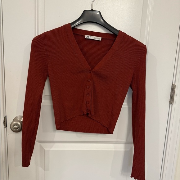 Zara Rust Red Ribbed Crop Cardigan - Picture 2 of 5